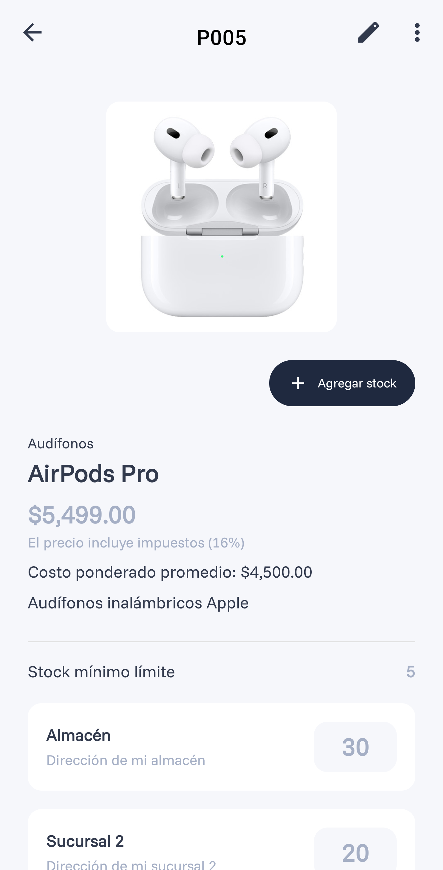 Pantalla de detalle de producto de Glacium con precio y existencias por sucursal