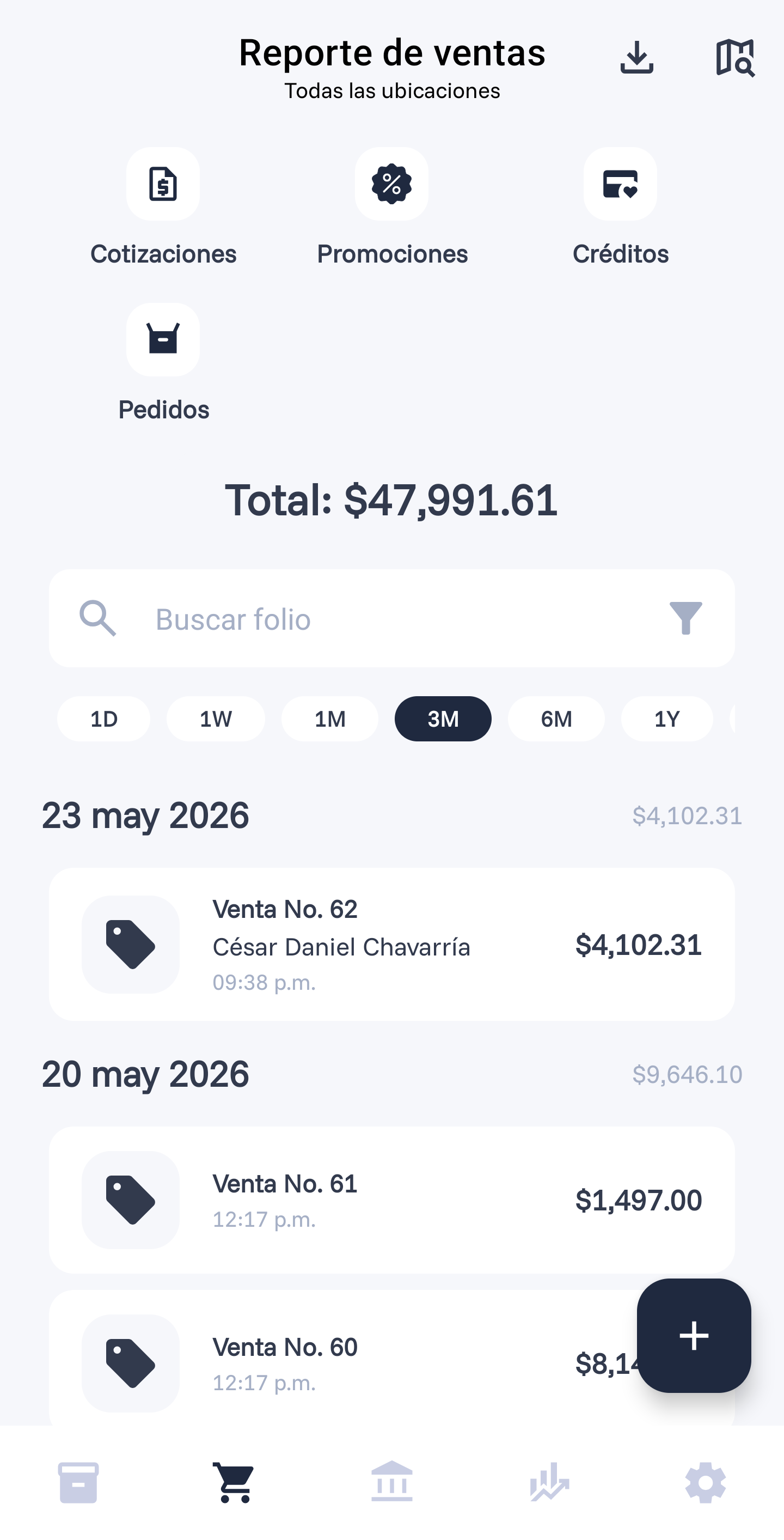 Pantalla de reporte de ventas de Glacium con el total vendido y el detalle de cada venta