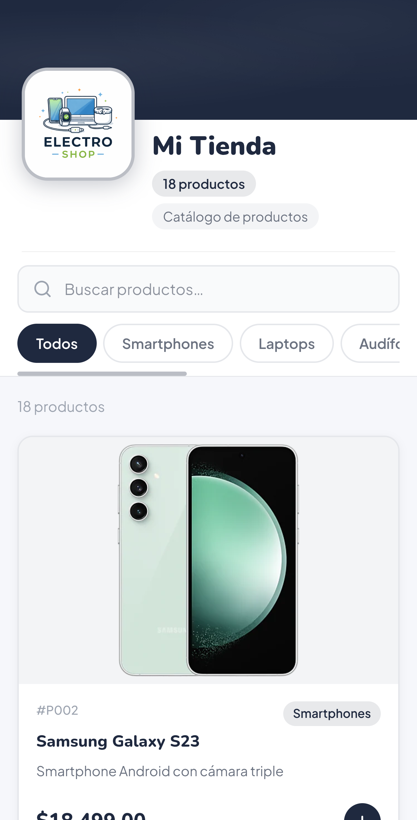 Catálogo web de una tienda hecho con Glacium, mostrando productos y categorías